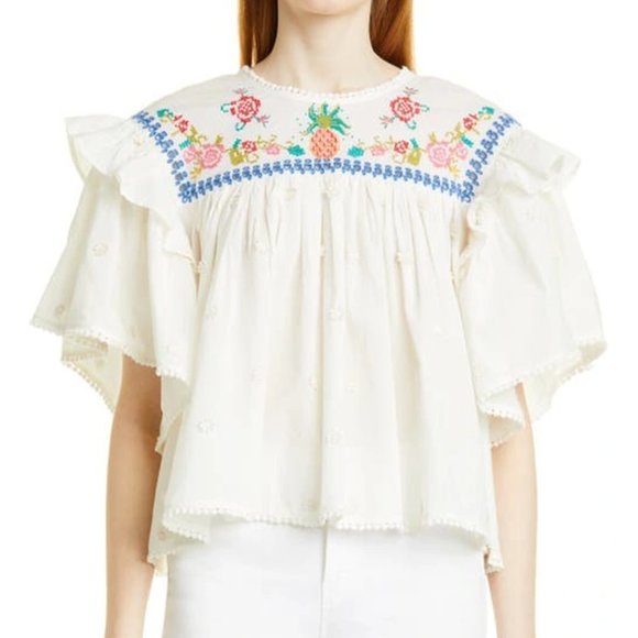 FARM Rio Tops - FARM Rio OFF-WHITE CROSS STITCH EMBROIDERED BLOUSE